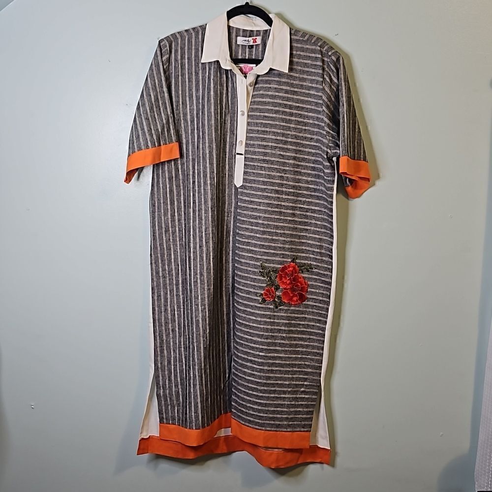 Ark instantly, linen, oversized dress. Black/white/orange- size L. NWT.